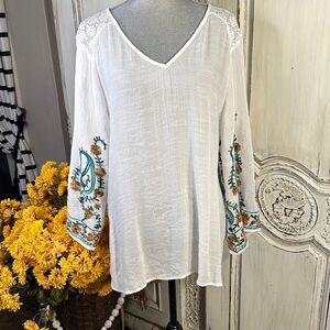 Hope Springs Embroidered Sleeve White Lace Boho Top